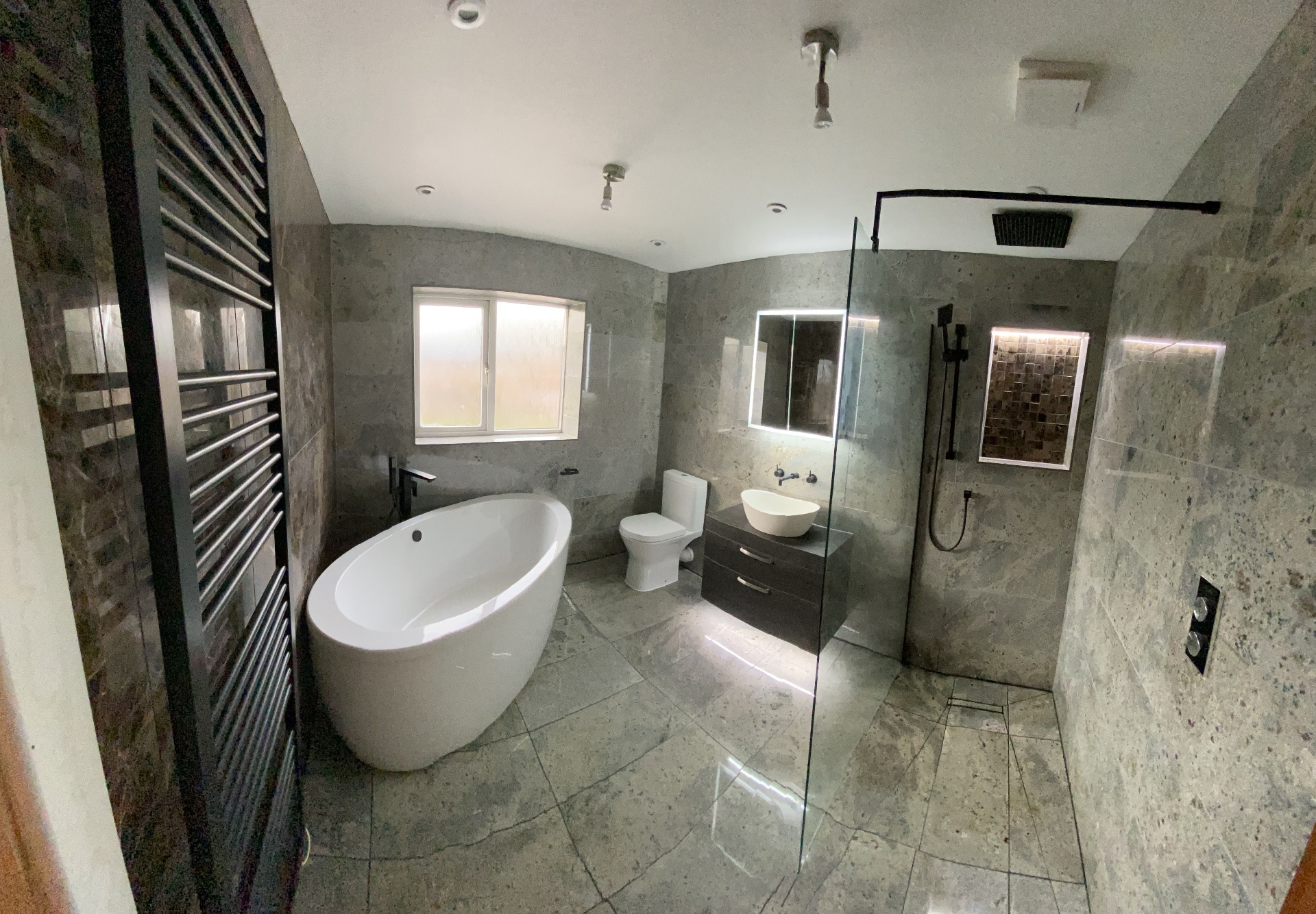 Completed bathroom corridor or landing with clean white finishes