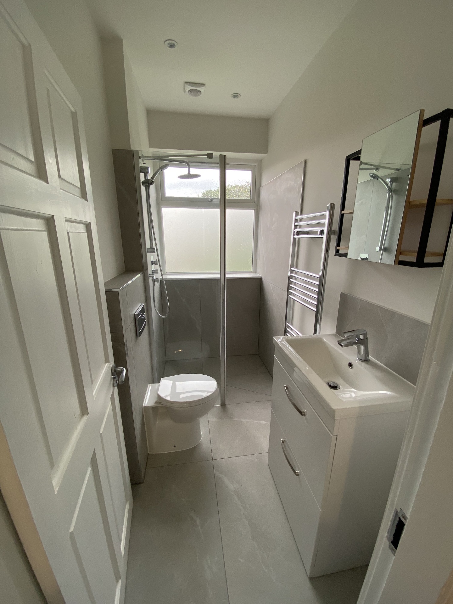 Completed interior circulation space finished during a renovation