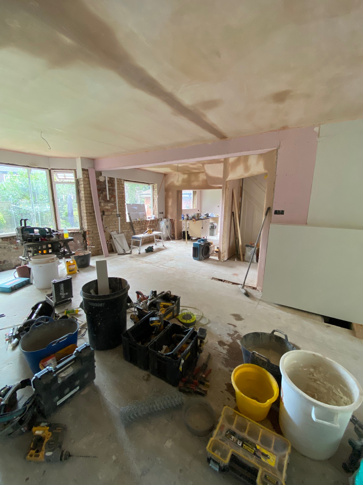 First-fix plumbing or structural work underway inside a building project